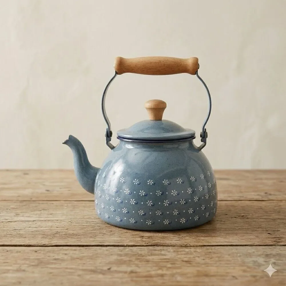 Vintage Himark Enamel Kettle Blue Floral Country Kitchen Teapot Made in Japan
